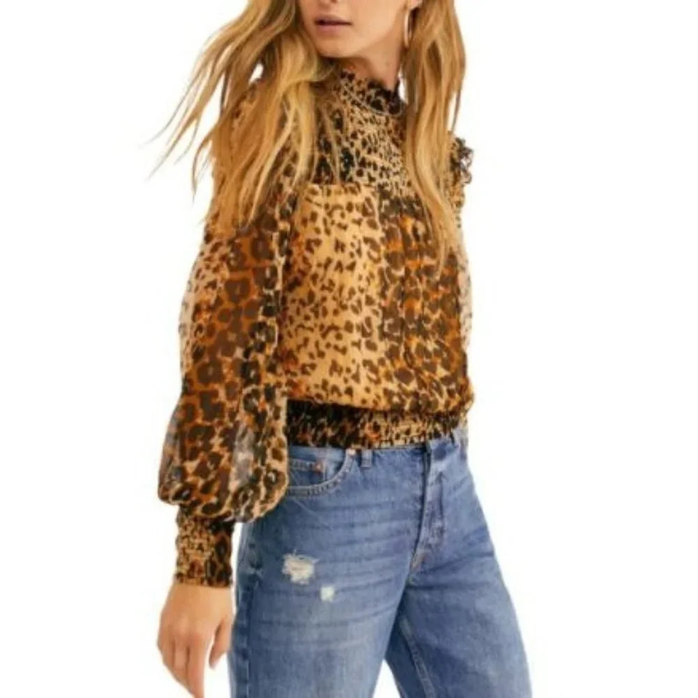 NWT Free People Roma Blouse in Leo Combo Animal Print Top- size XS